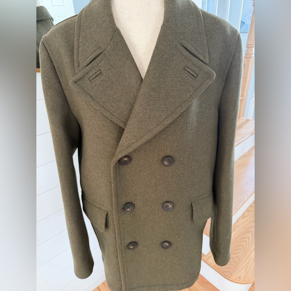 Ted Baker Men's Olive Wool Double-Breasted Military Style Peacoat - Large - Picture 3 of 12
